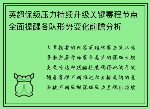 英超保级压力持续升级关键赛程节点全面提醒各队形势变化前瞻分析